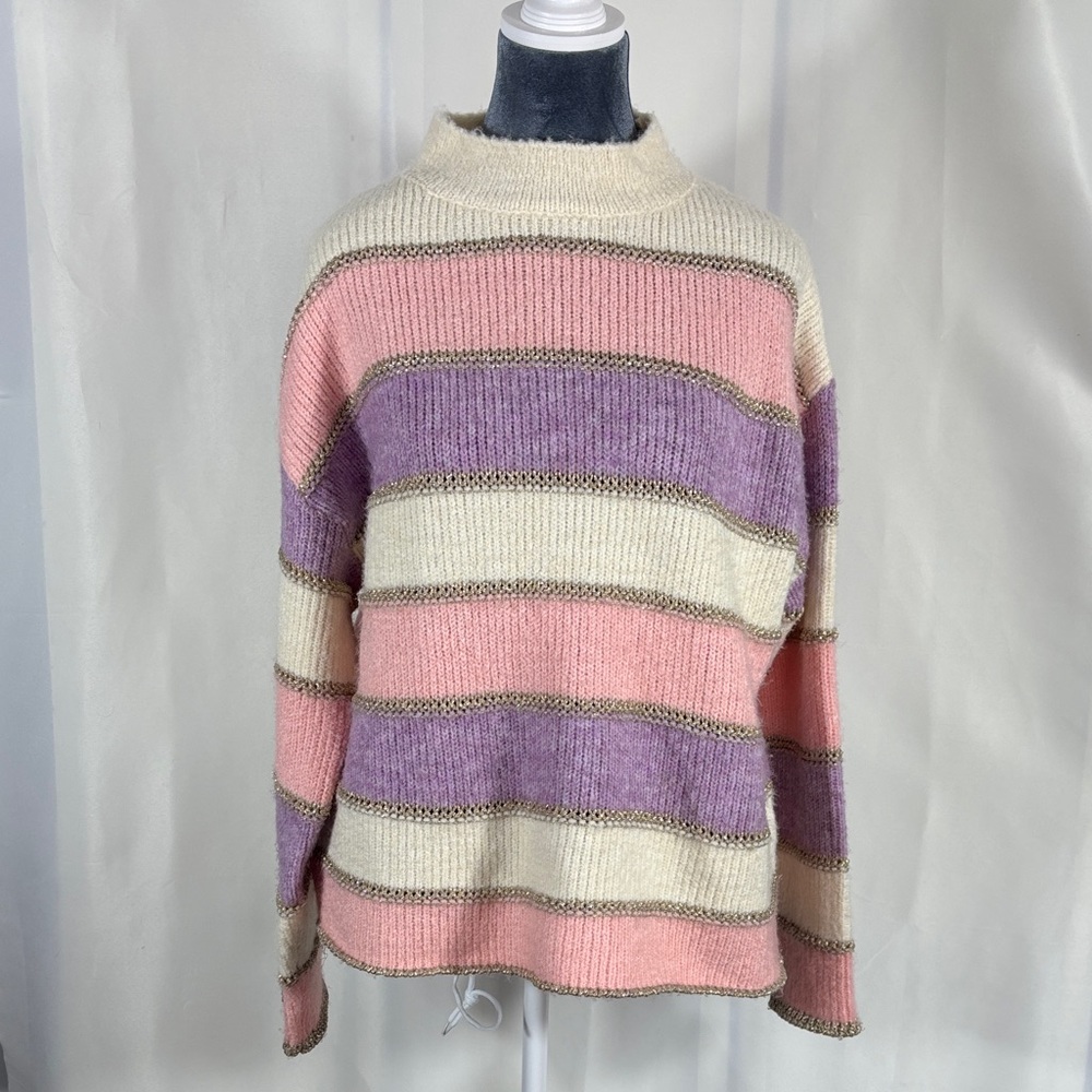 THML Pastel Striped Scoopneck Sweater — Pink, Purple & Cream